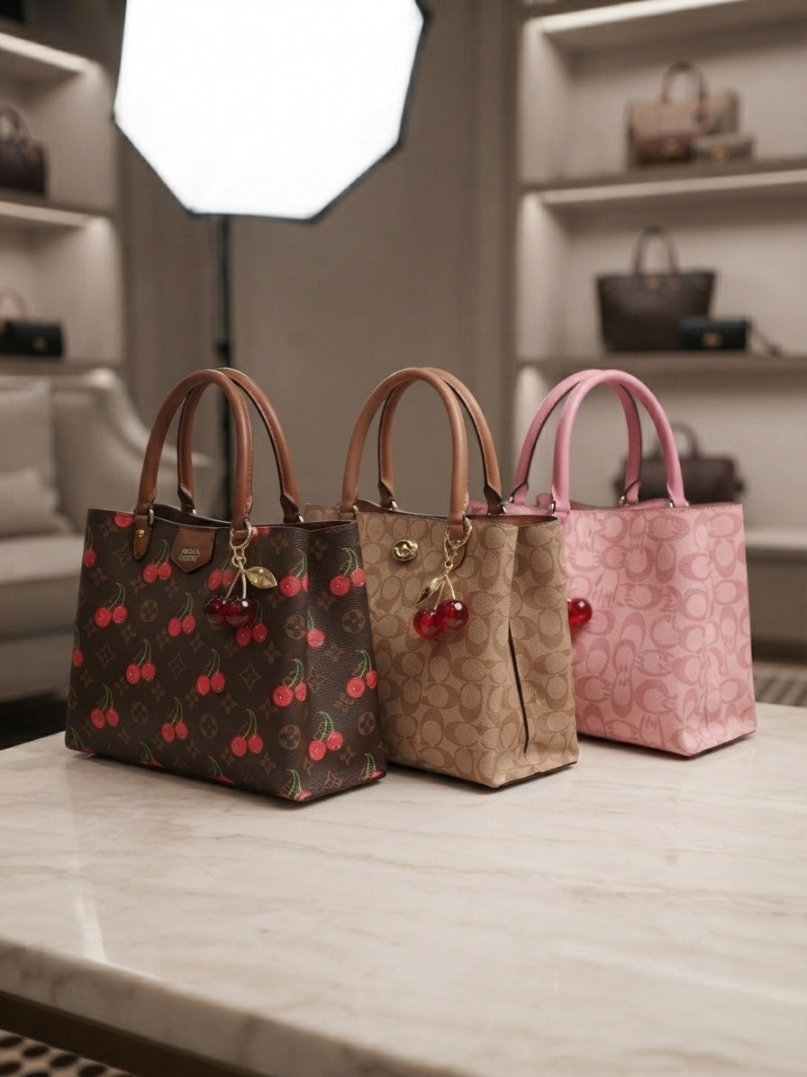 Three structured tote bags on display: black cherry print, beige monogram print, pink print
